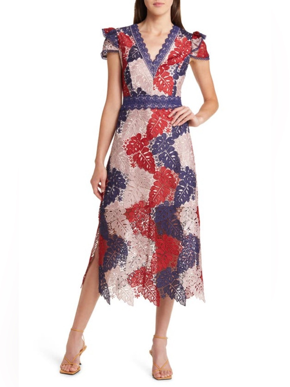 $187 ADELYN RAE Adeline Palm Lace Midi Dress In Navy/Wine/Blush Size 4